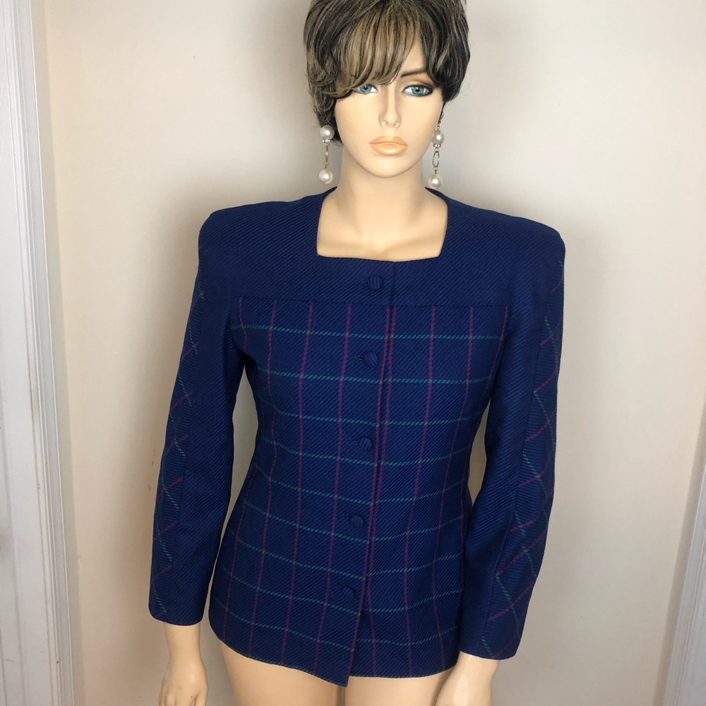 CAROLINA HERRERA Blazer Navy Blue & Pink Plaid Grid Square Neck Long Sleeves